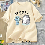 Load image into Gallery viewer, Summer Funny Cat and Fan Graphic T-Shirt - Cotton Harajuku Streetwear
