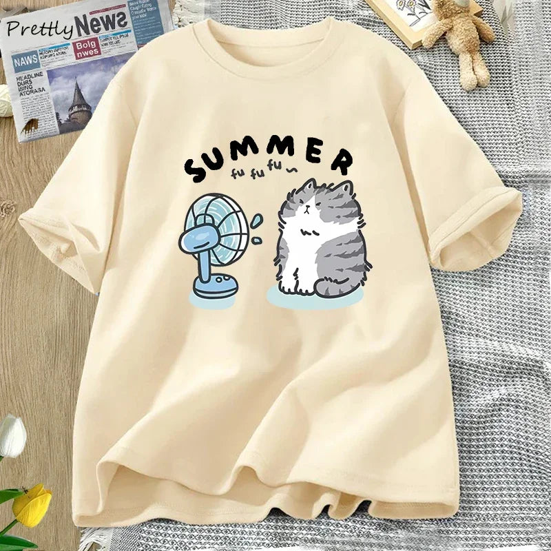 Summer Funny Cat and Fan Graphic T-Shirt - Cotton Harajuku Streetwear