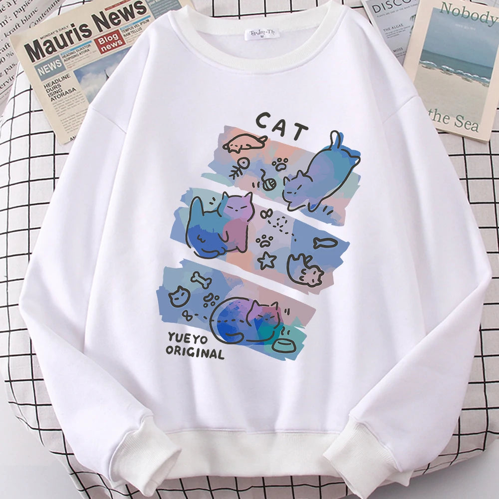 Fun Mischievous Cat Print Hoodie - Loose Comfortable Fleece Pullover
