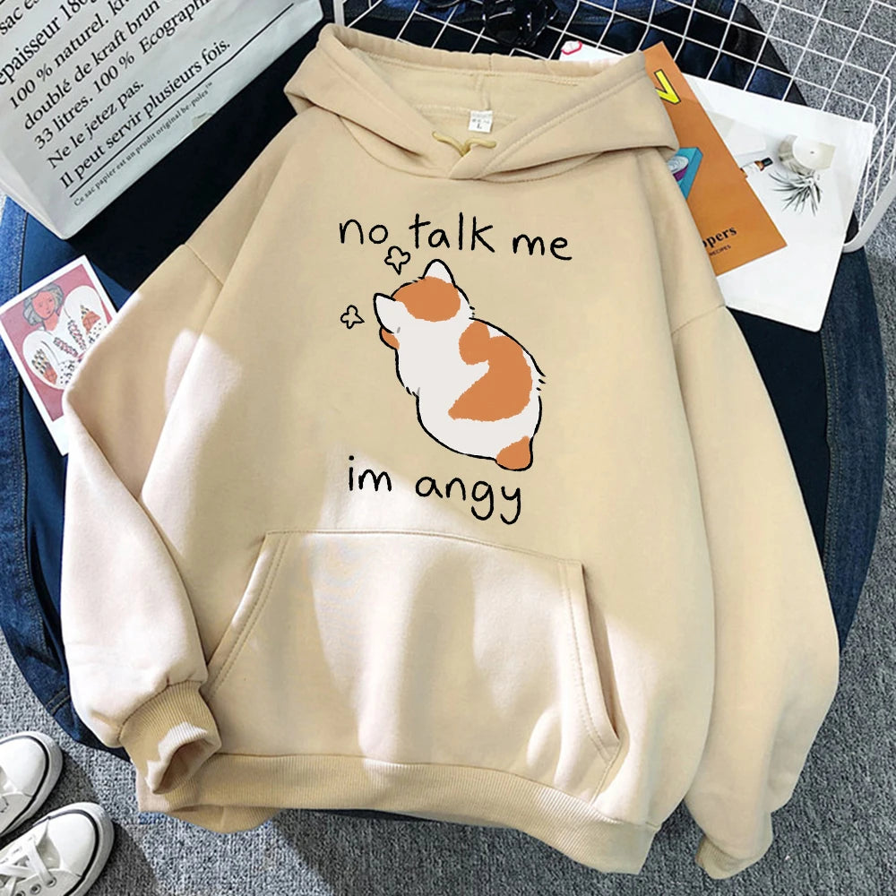 No Talk Me Angry Cat Print Hoodie - Women's Hip Hop Fleece Pullover