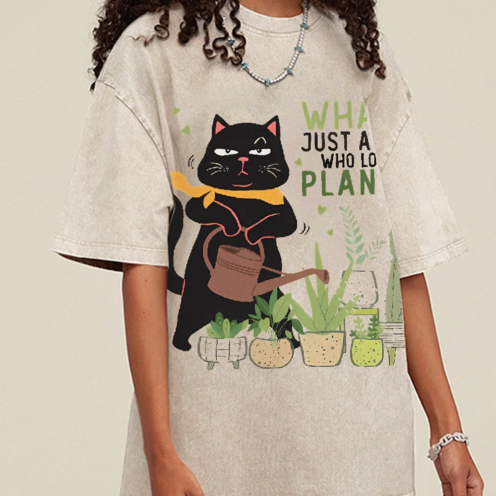 Fresh Flower Black Cat Print T-Shirt - Pure Cotton Unisex Summer Tee