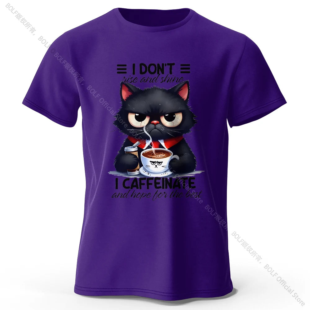Coffee Loving Cat Print T-Shirt - 100% Cotton Unisex Round Neck Tee