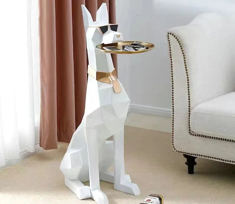 Large Doberman Side Table - Big Dog Statue Tray Living Room Decor