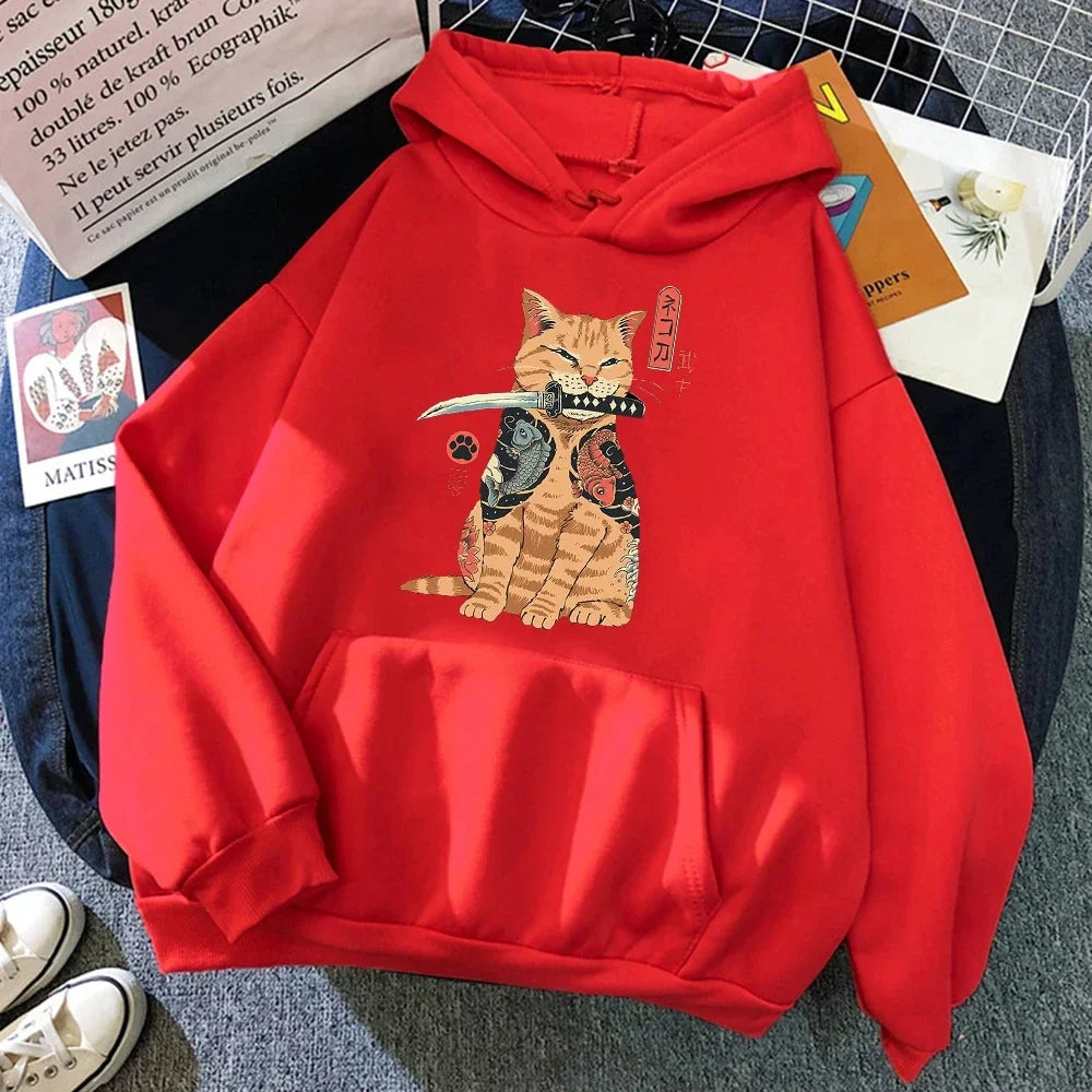 Japanese Cartoon Cat Ukiyo-E Print Hoodie - Women's Hip Hop Fleece