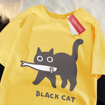 Load image into Gallery viewer, Fun Black Cat Eating Fish T-Shirt - Japanese Style Cotton Tee
