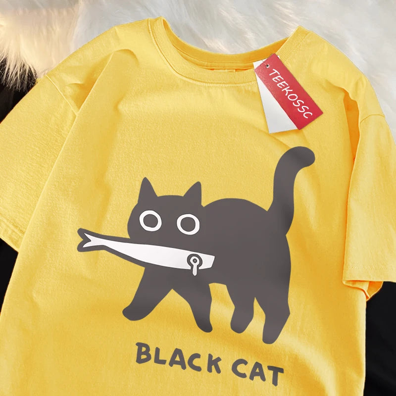 Fun Black Cat Eating Fish T-Shirt - Japanese Style Cotton Tee