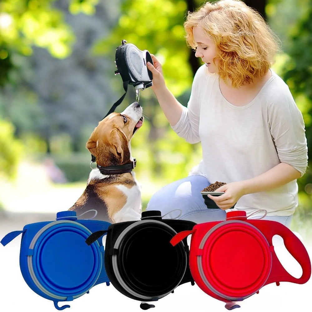 3-in-1 Retractable Dog Leash with Water Bottle & Bowl – Portable Pet Walking Lead