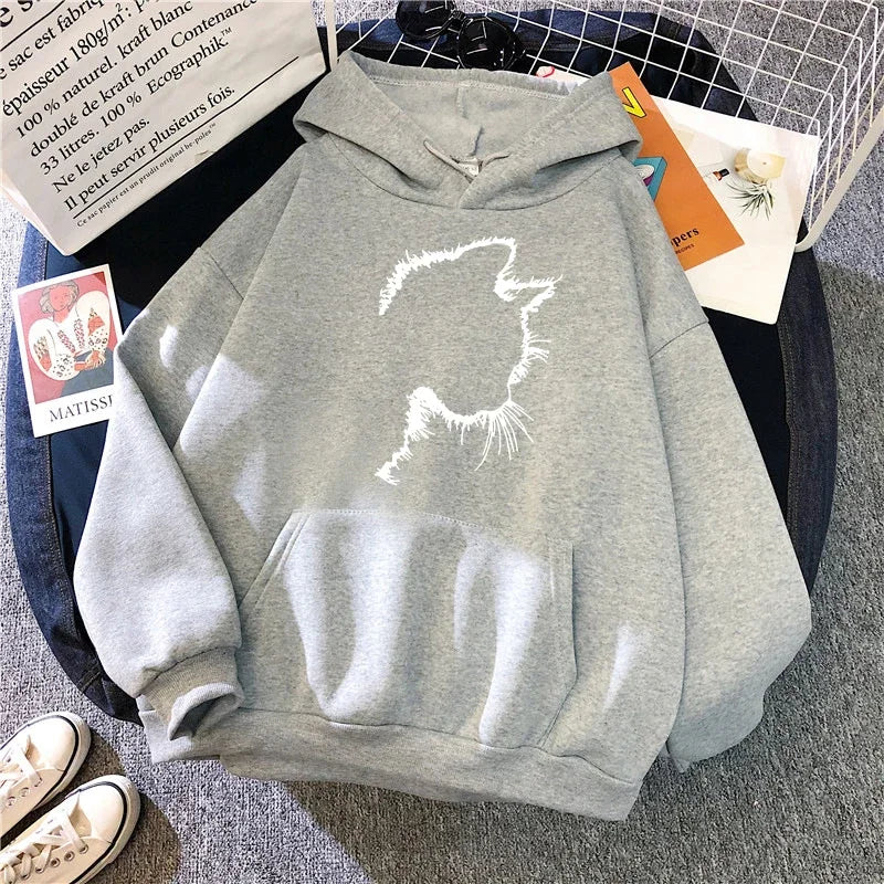 Woman Cat Print Hoodie - Cute Long Sleeve Pullover Sweatshirt