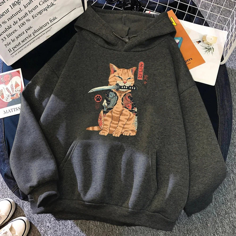 Japanese Cartoon Cat Ukiyo-E Print Hoodie - Women's Hip Hop Fleece