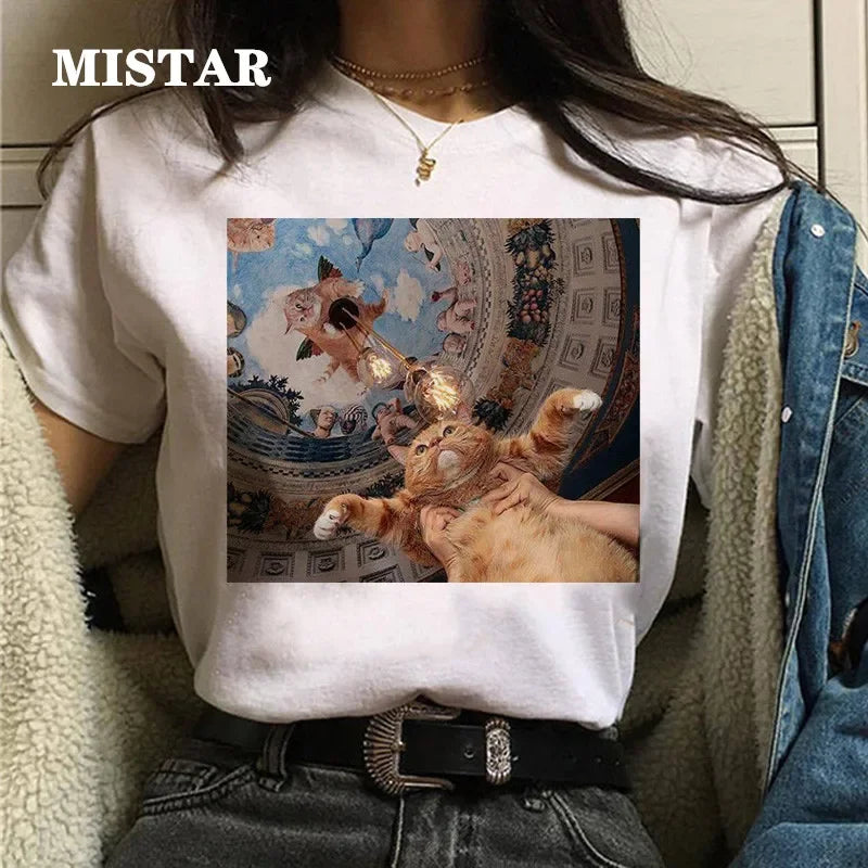 Cat Oil Painting T-Shirt - Women's Funny Graphic Tee Summer Top