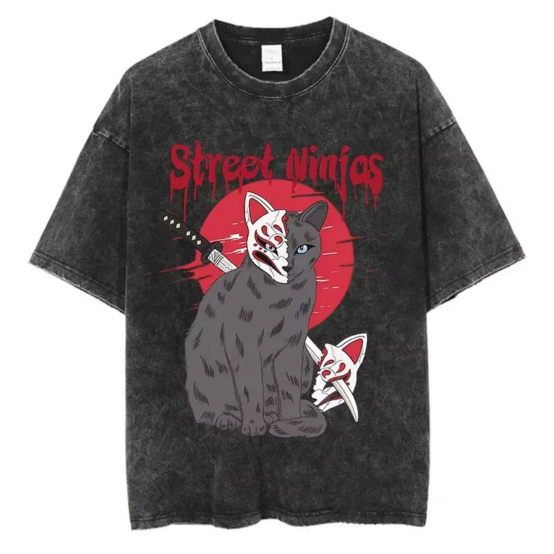 Animal Cat Print Vintage Washed T-Shirt - Y2K Cotton Hip Hop Tee