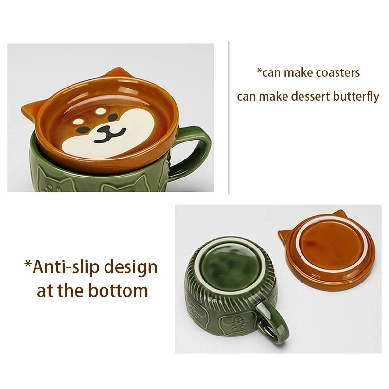 Japanese Cartoon Cat Coffee Mug - Cute Animal Pattern Cup with Lid