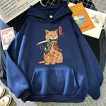 Load image into Gallery viewer, Japanese Cartoon Cat Ukiyo-E Print Hoodie - Women&#39;s Hip Hop Fleece
