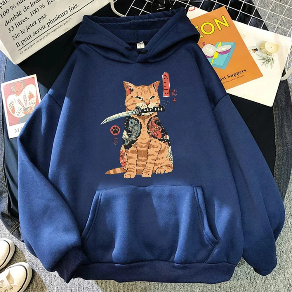 Japanese Cartoon Cat Ukiyo-E Print Hoodie - Women's Hip Hop Fleece