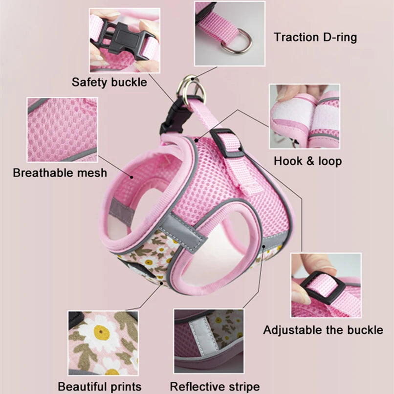 Floral Pet Harness and Leash Set - Reflective Anti-Escape for Dog&Cat