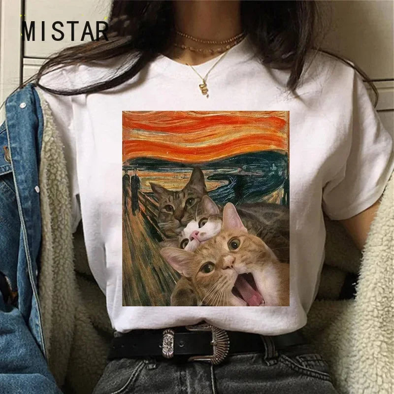Cat Oil Painting T-Shirt - Women's Funny Graphic Tee Summer Top