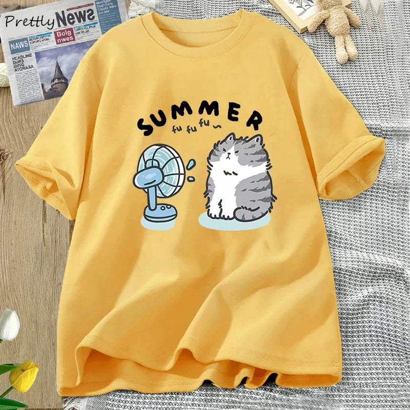Summer Funny Cat and Fan Graphic T-Shirt - Cotton Harajuku Streetwear