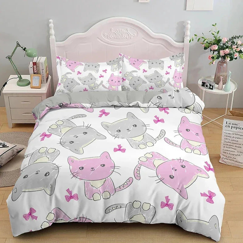 3PCS Cartoon Cat Bedding Set - Cute Printed Duvet Cover & Pillows