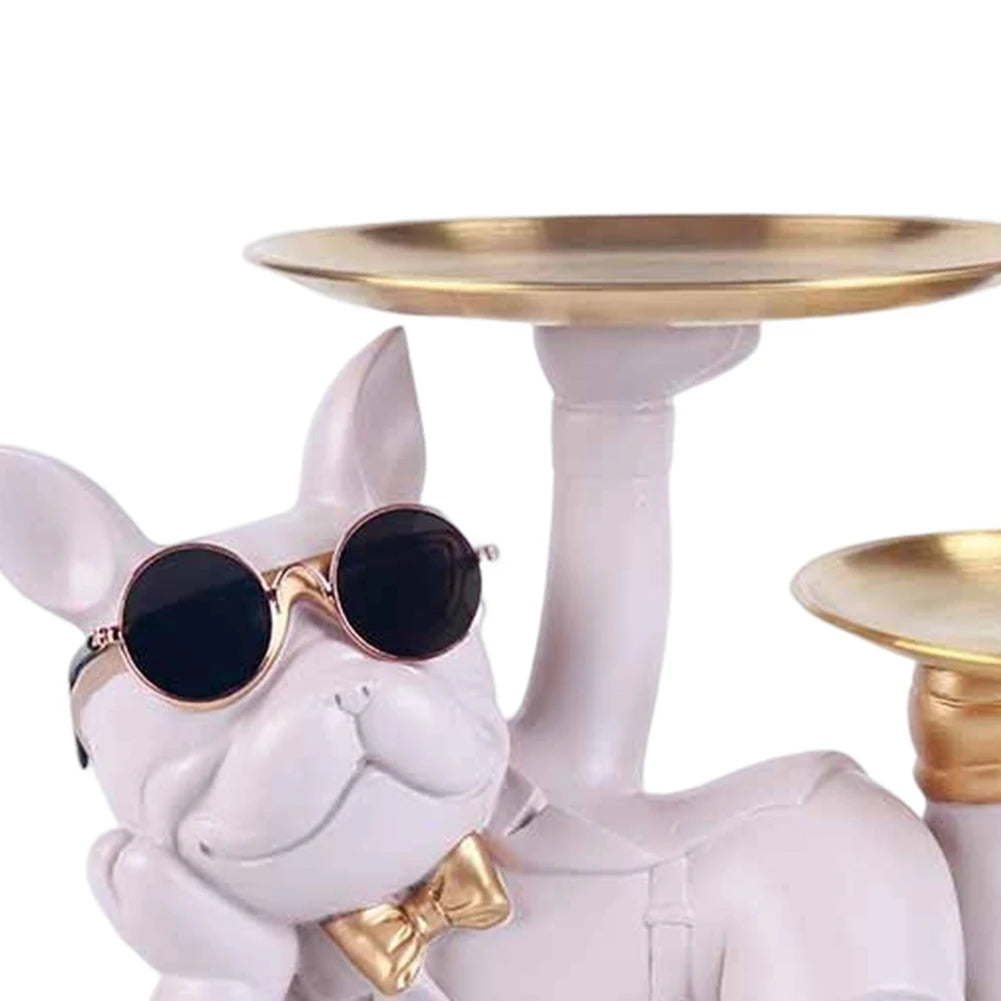 Bulldog Table Sculpture - Resin Decor with Pallet for Home Living Room