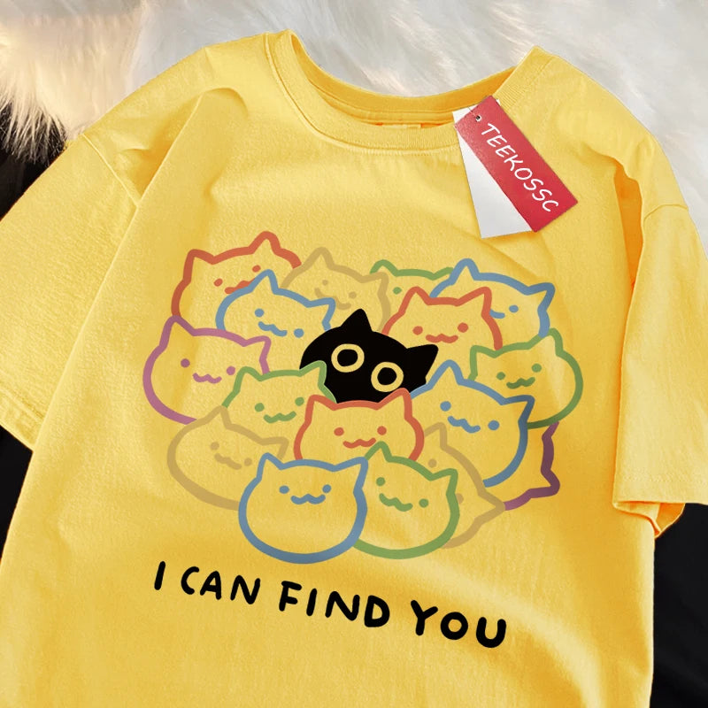 I Can Find You Fun Cat Print T-Shirt - Oversize Cotton Fashion Tee