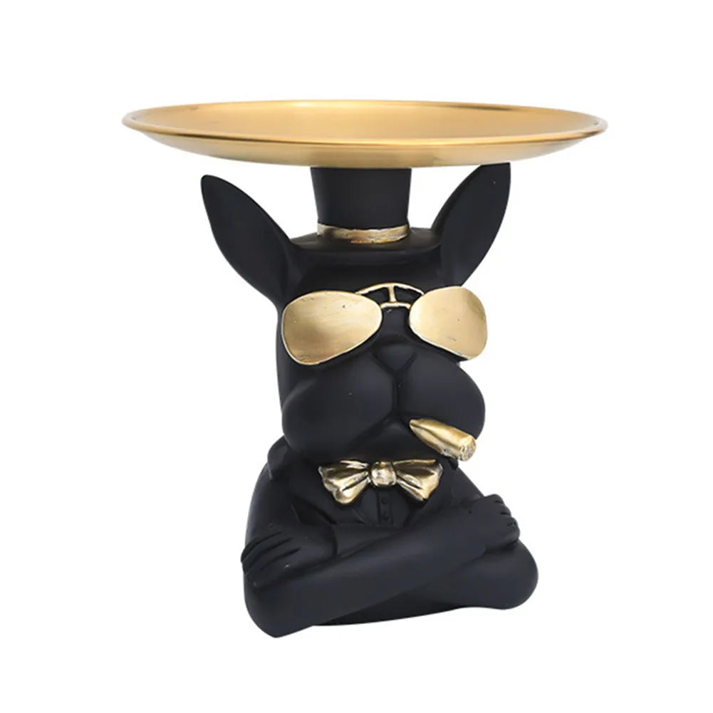 Bulldog Table Sculpture - Resin Decor with Pallet for Home Living Room