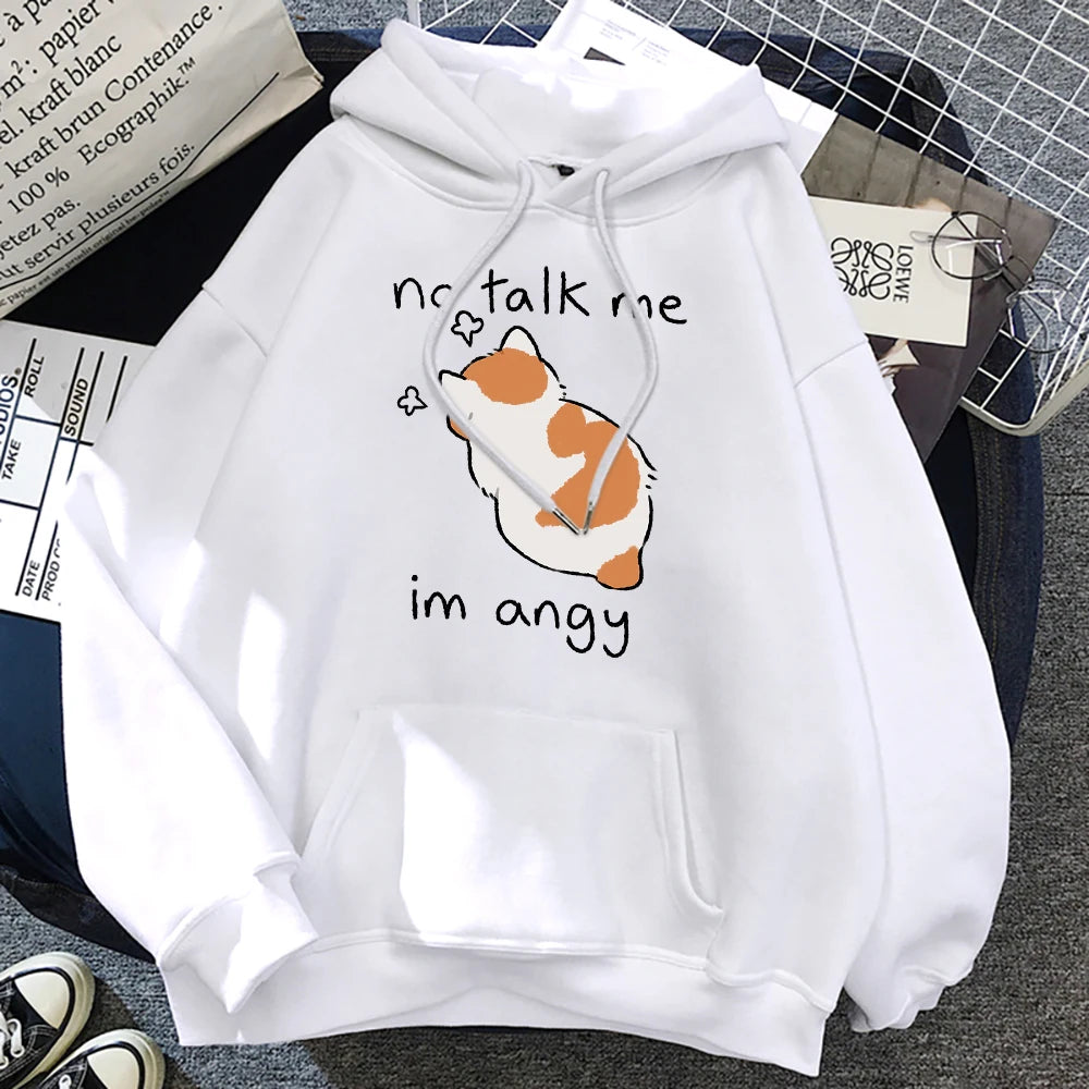 No Talk Me Angry Cat Print Hoodie - Women's Hip Hop Fleece Pullover
