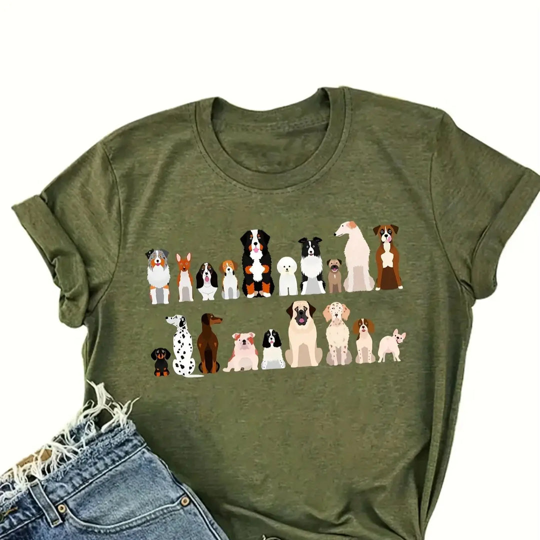 Dog Print T-Shirt - Short Sleeve Crew Neck Summer Top for Women