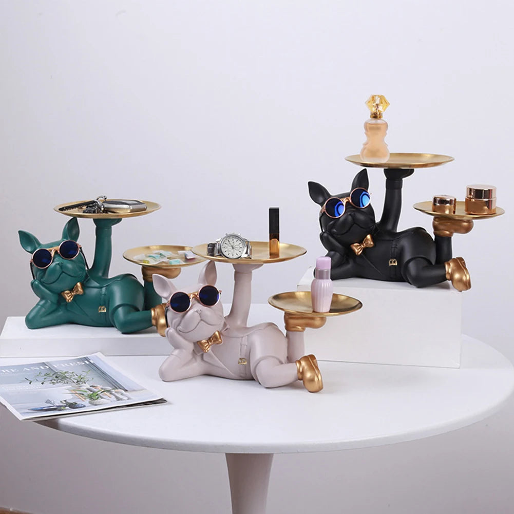 Bulldog Table Sculpture - Resin Decor with Pallet for Home Living Room