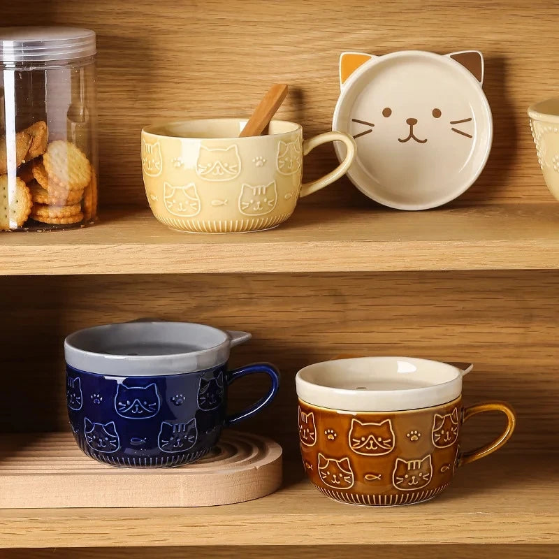 Japanese Cartoon Cat Coffee Mug - Cute Animal Pattern Cup with Lid
