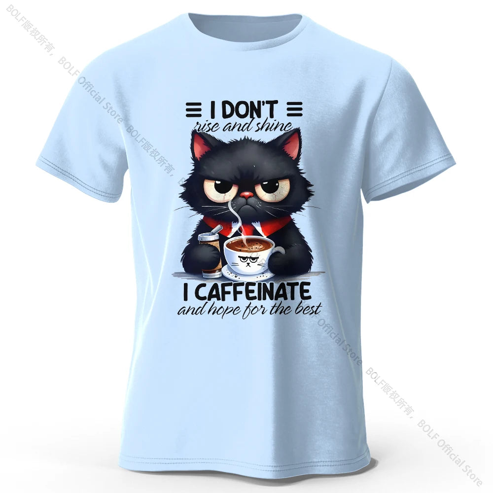 Coffee Loving Cat Print T-Shirt - 100% Cotton Unisex Round Neck Tee