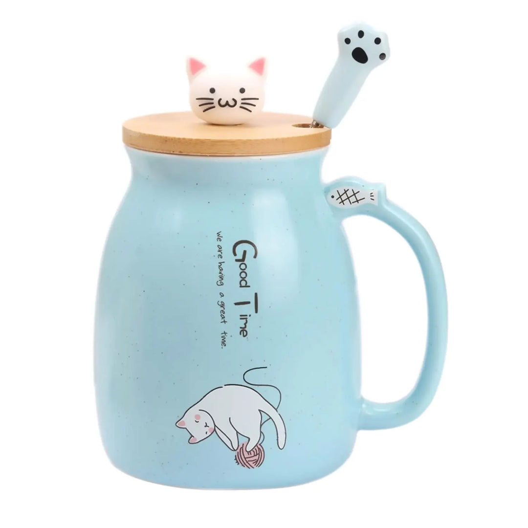 Kawaii Tea Cup - Cute Cat Ceramic Mug with Kitty Lid & Spoon 16oz