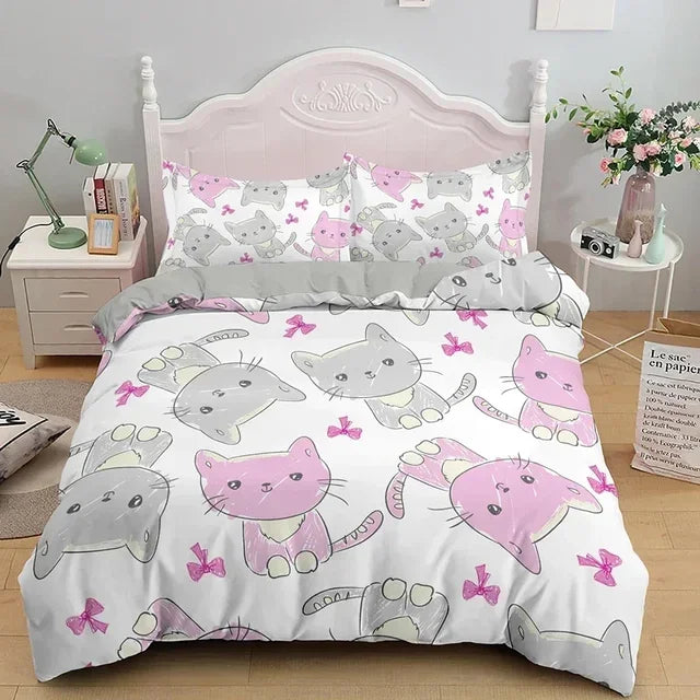 Cute Cat Single-Sided Printed Bedding Set - Cartoon Duvet Cover Set