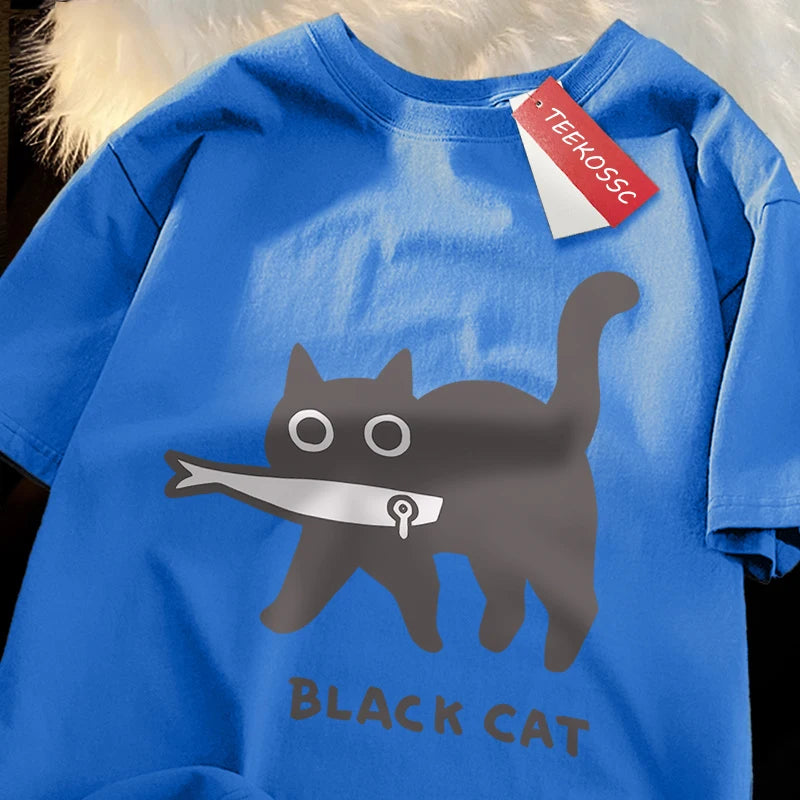 Fun Black Cat Eating Fish T-Shirt - Japanese Style Cotton Tee