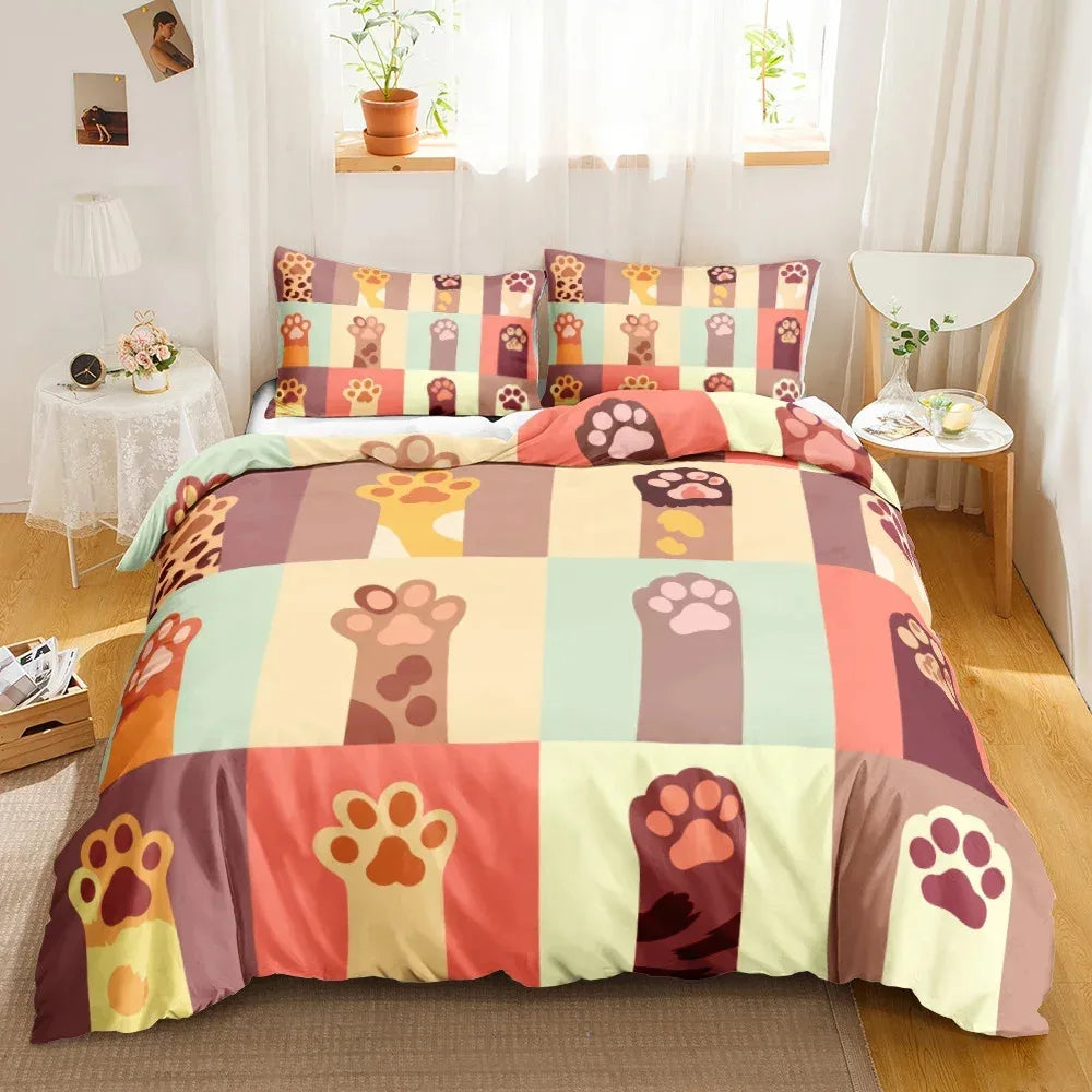 3PCS Cartoon Cat Bedding Set - Cute Printed Duvet Cover & Pillows