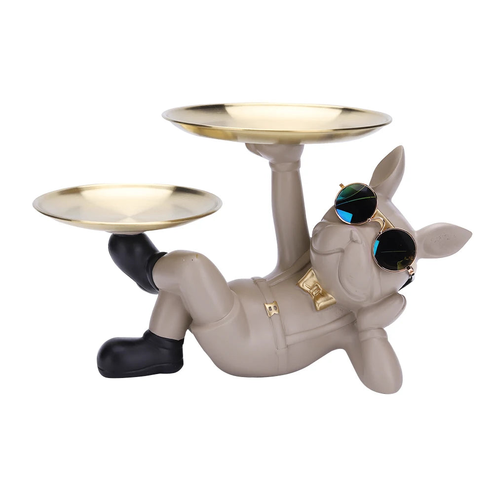 Bulldog Table Sculpture - Resin Decor with Pallet for Home Living Room