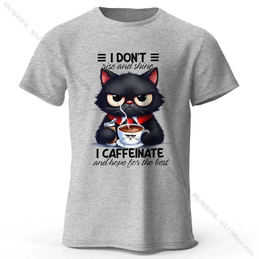 Coffee Loving Cat Print T-Shirt - 100% Cotton Unisex Round Neck Tee