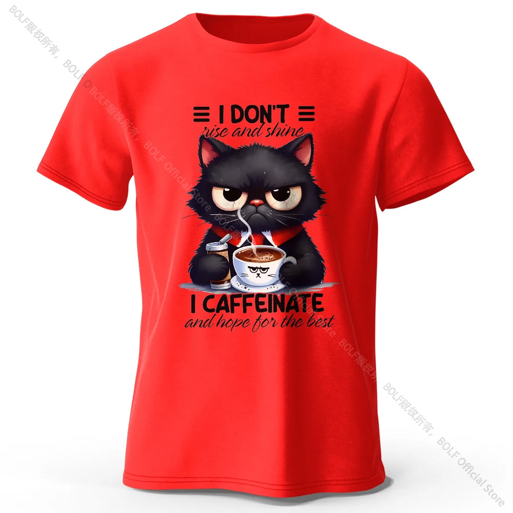 Coffee Loving Cat Print T-Shirt - 100% Cotton Unisex Round Neck Tee