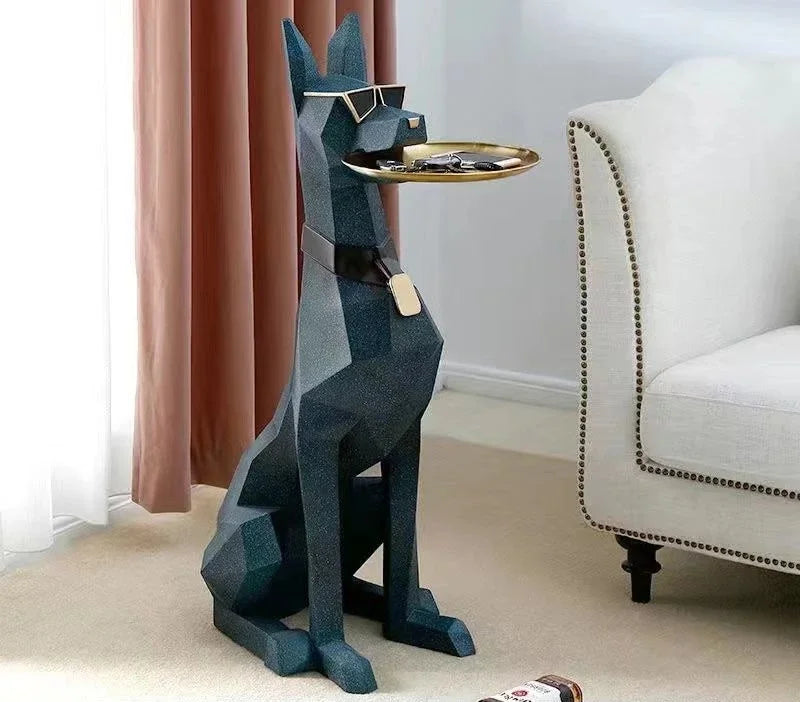 Large Doberman Side Table - Big Dog Statue Tray Living Room Decor