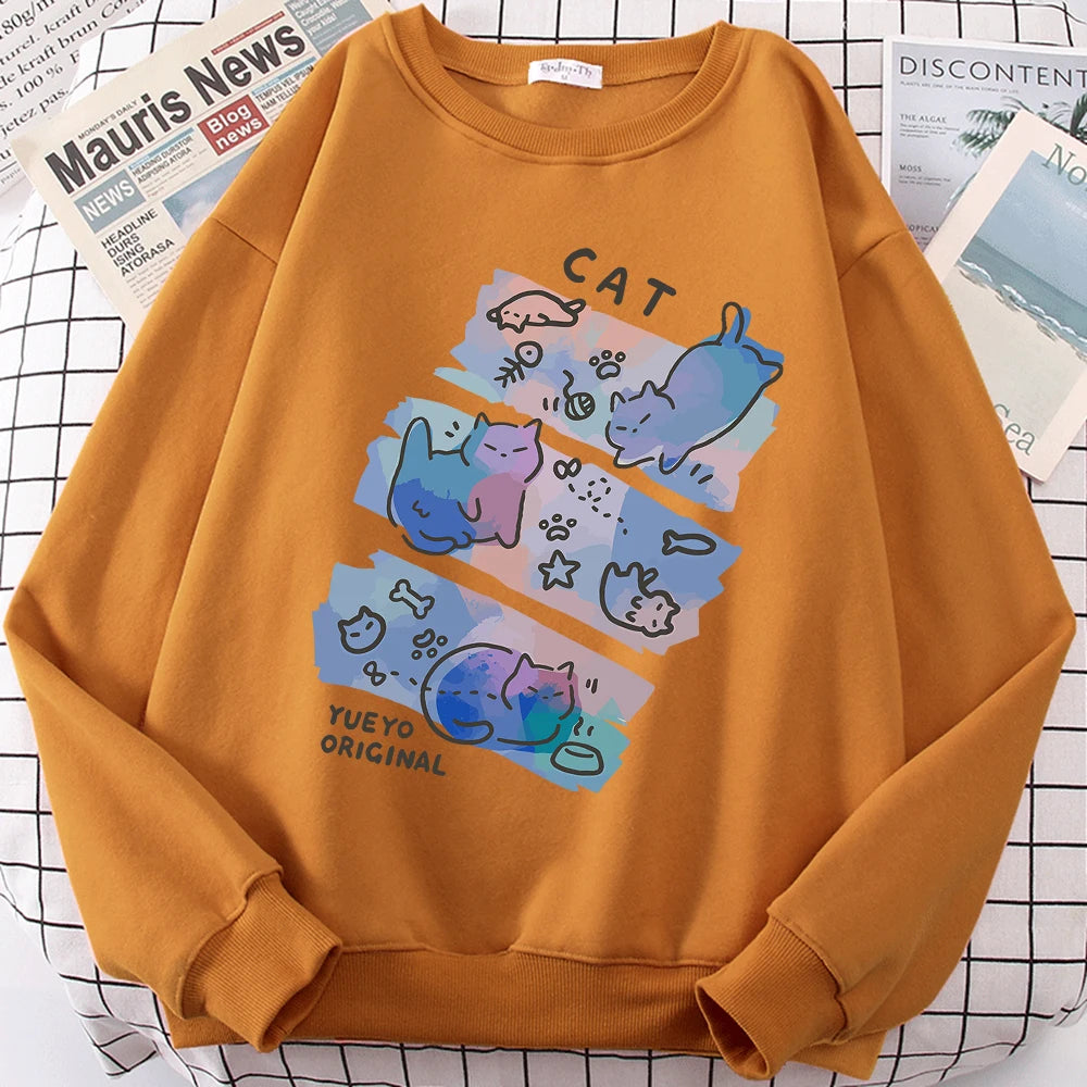 Fun Mischievous Cat Print Hoodie - Loose Comfortable Fleece Pullover
