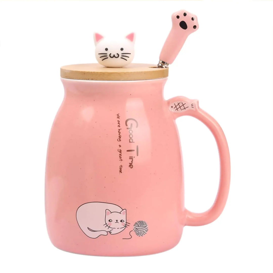 Kawaii Tea Cup - Cute Cat Ceramic Mug with Kitty Lid & Spoon 16oz