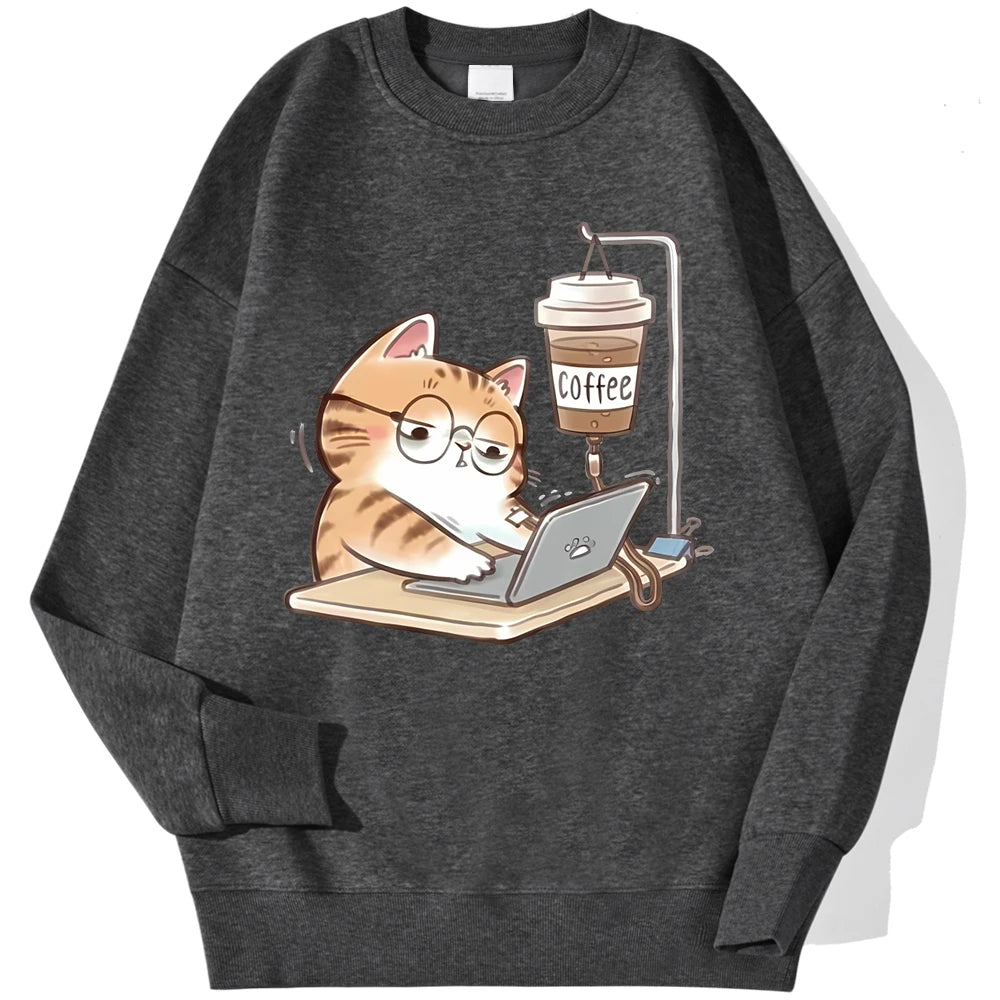 Work Cats Coffee Hoodie - Loose Comfortable Fleece Hoodie for Women Men