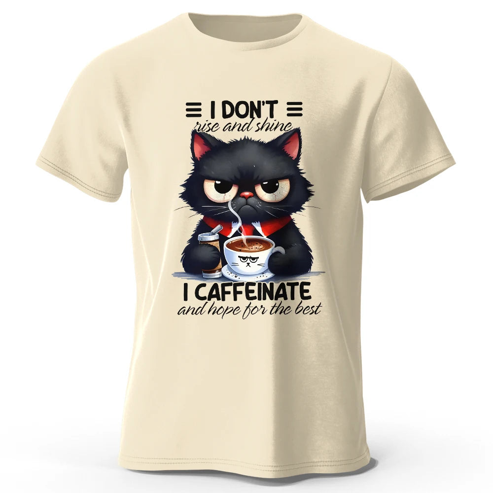 Coffee Loving Cat Print T-Shirt - 100% Cotton Unisex Round Neck Tee