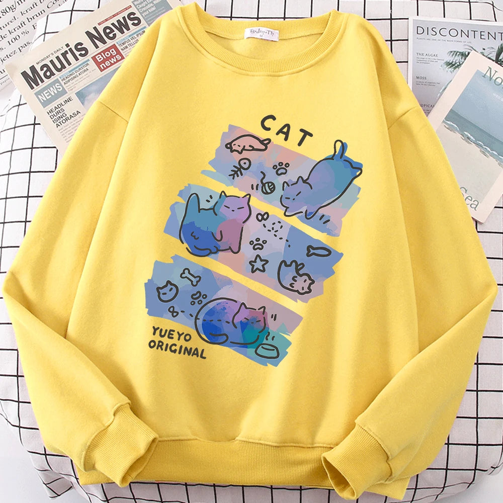 Fun Mischievous Cat Print Hoodie - Loose Comfortable Fleece Pullover