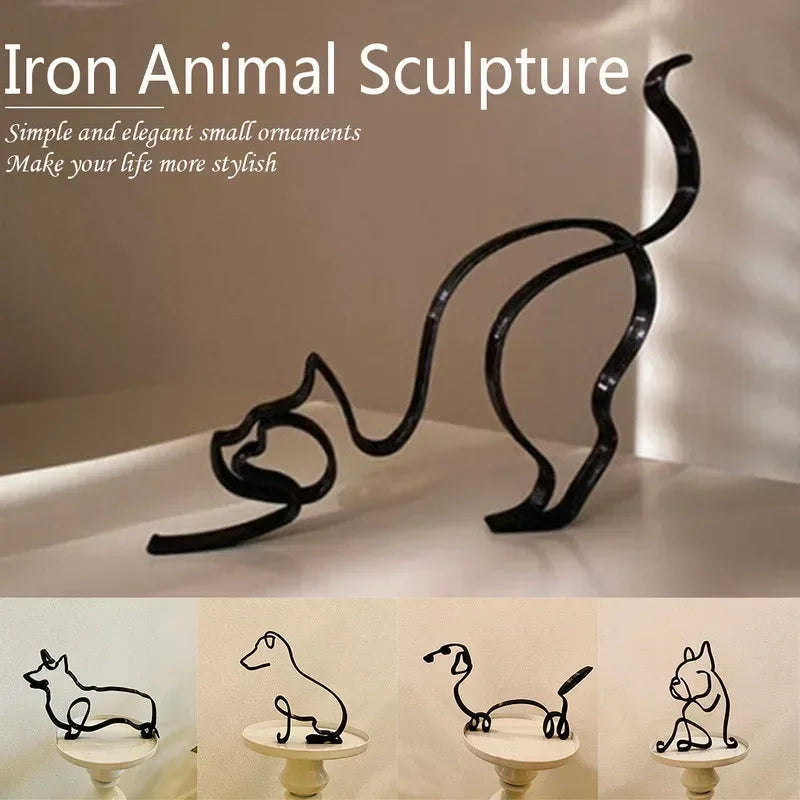 Dog Cat Minimalist Art Sculpture - Modern Metal Home Office Decor