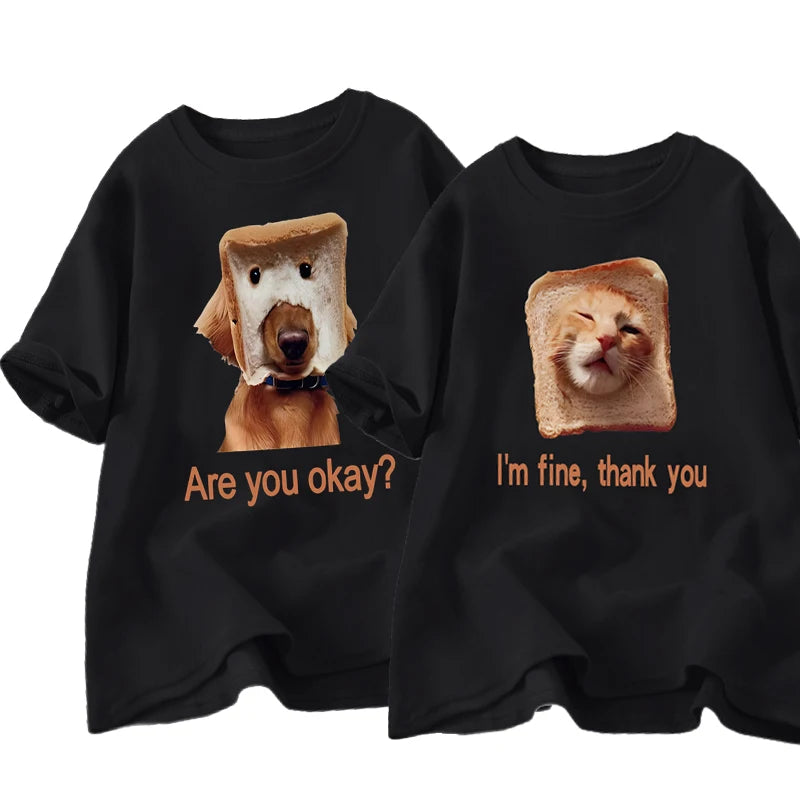 Funny Bread Dog Cat T-Shirt for Couples – Cotton Summer Graphic Tee for Men & Women