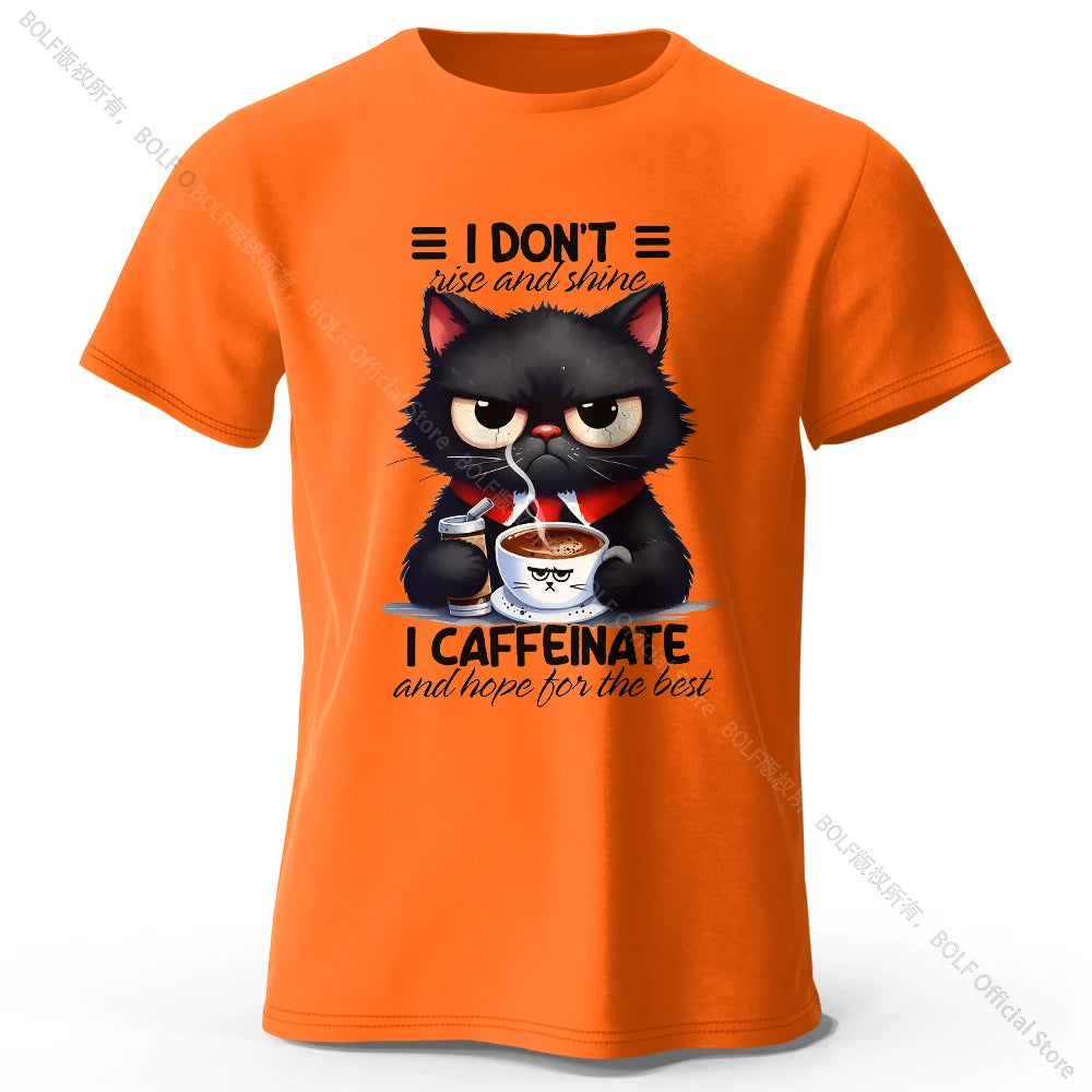 Coffee Loving Cat Print T-Shirt - 100% Cotton Unisex Round Neck Tee