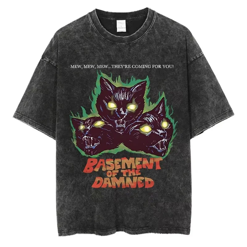 Animal Cat Print Vintage Washed T-Shirt - Y2K Cotton Hip Hop Tee
