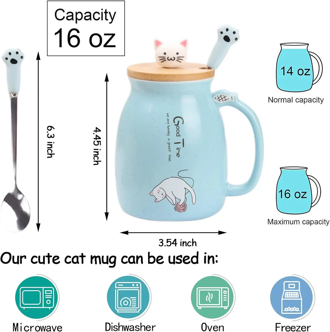Kawaii Tea Cup - Cute Cat Ceramic Mug with Kitty Lid & Spoon 16oz