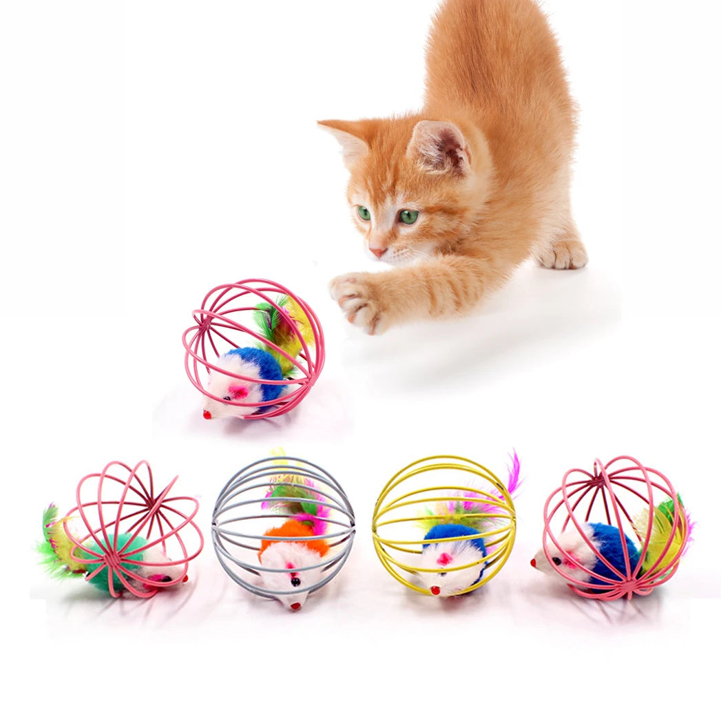 Cat Feather Wand with Bell & Mouse Cage - Interactive Teaser Toy