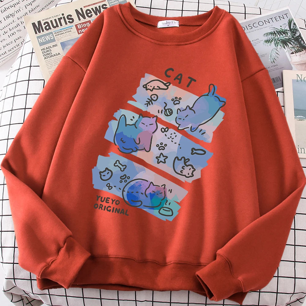 Fun Mischievous Cat Print Hoodie - Loose Comfortable Fleece Pullover